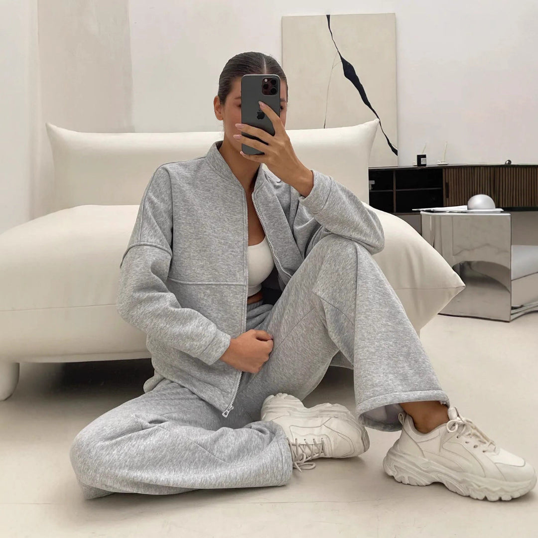 Damen Zweiteiliges Loungewear-Set mit kurzem Bomber-Zip und weiter hochgeschnittener Jogginghose Drune