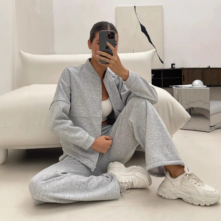 Damen Zweiteiliges Loungewear-Set mit kurzem Bomber-Zip und weiter hochgeschnittener Jogginghose Drune