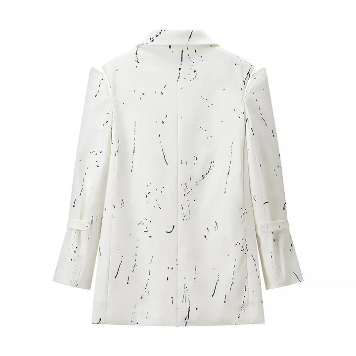 Damen nan kastiger Kunstseiden-Blazer mit abstraktem Splash-Print, Reverskragen und Pattentaschen Drune