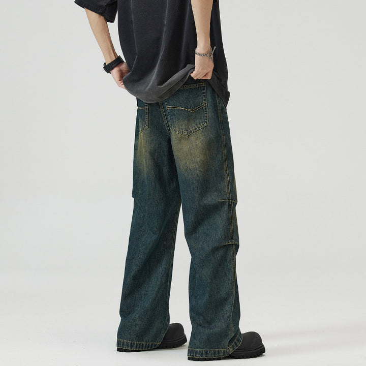 Herren Paneel-Denim Baggyhose mit tiefem Schritt und Used-Fade Drune