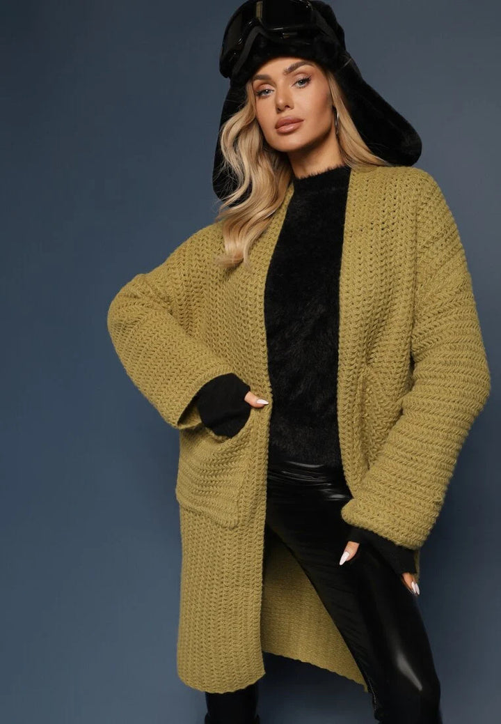 Damen oversized Strickjacke mit tiefem V-Ausschnitt und praktischen Taschen Drune