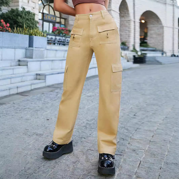 Damen weite Cargo-Hose mit hoher Taille und aufgesetzten Klappentaschen Drune