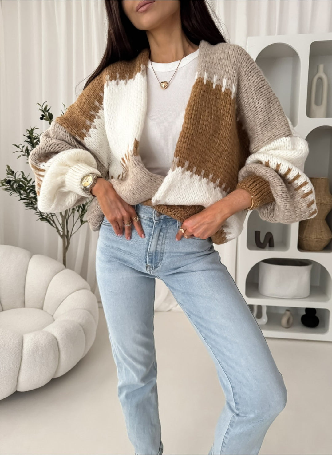 Damen lässige Strickjacke mit voluminösen Ärmeln und geometrischem Muster Drune