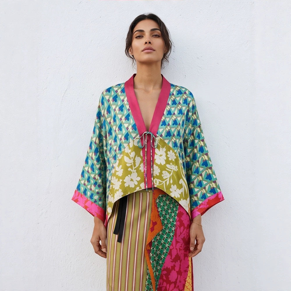 Damen Patchwork-Kimono-Top aus Seidenmix mit tiefem V‑Ausschnitt und Bindegürtel Drune