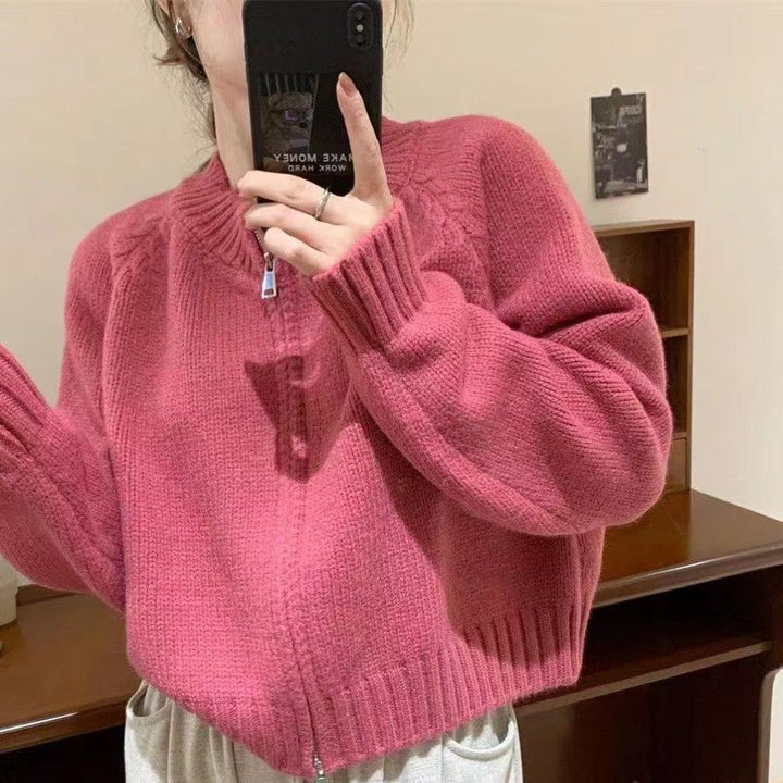 Damen lässige Strickjacke mit hochgeschlossenem Kragen und Reißverschluss Drune