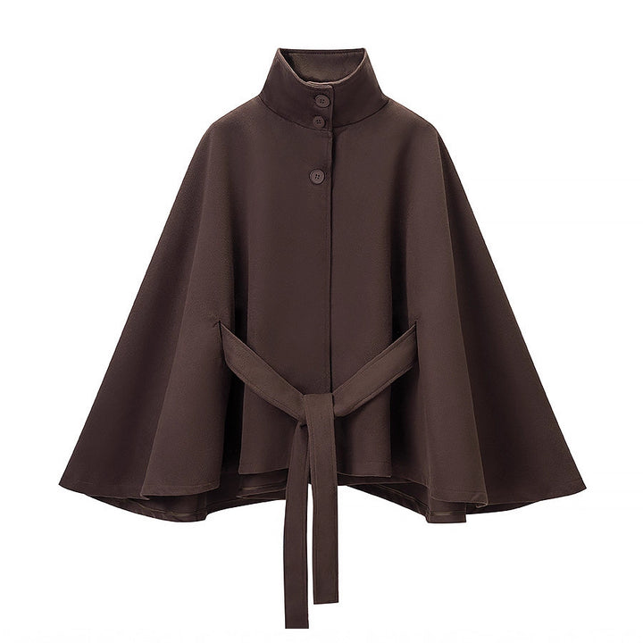 Damen Kurzer Cape-Mantel mit Stehkragen, verdeckter Knopfleiste und Bindegürtel Drune