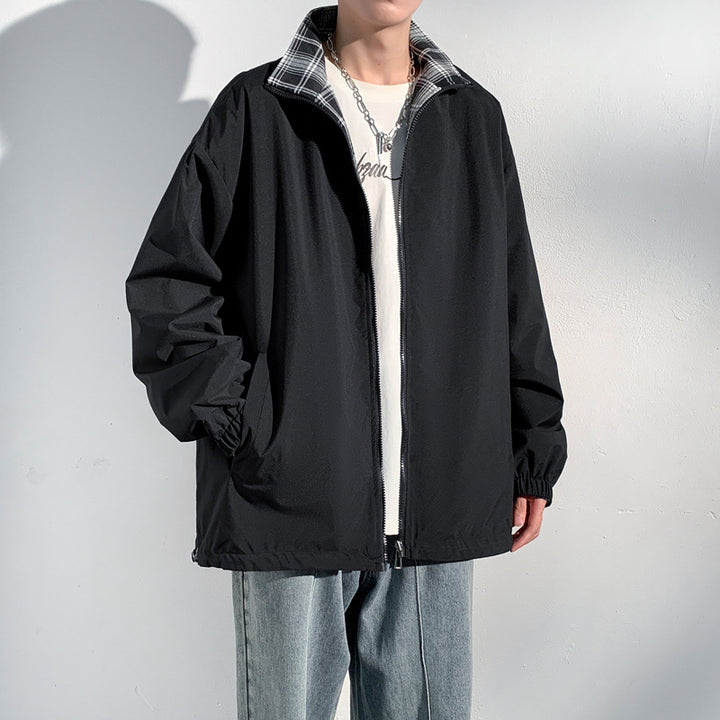 Herren Oversize‑Utility Übergangsjacke mit Reißverschluss und kontrastierendem Karo‑Innenkragen Drune