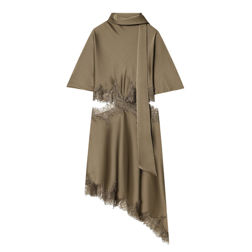 Damen nan asymmetrisches Cape-Midikleid mit Stehkragen, Schal und zarter Spitzensaum Drune