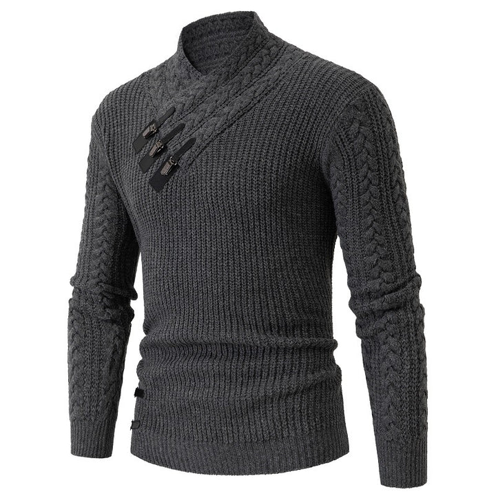 Herren nan Strickpullover mit Schalkragen, Zopfmuster und markanten Schnallenverschlüssen Drune