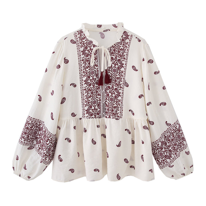 Damen nan boho Paisley Tunika-Bluse mit Quastenbindegürtel und voluminösen Ballonärmeln Drune