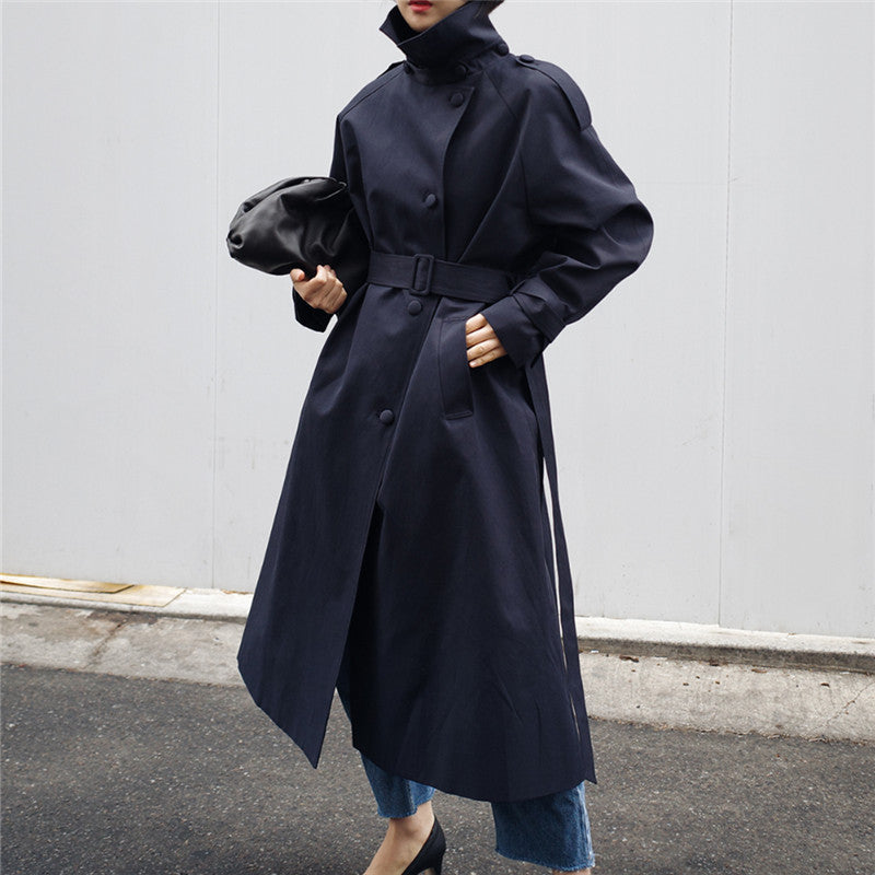 Damen Langgeschnittener Trenchcoat mit Taillengürtel und Stehkragen Drune