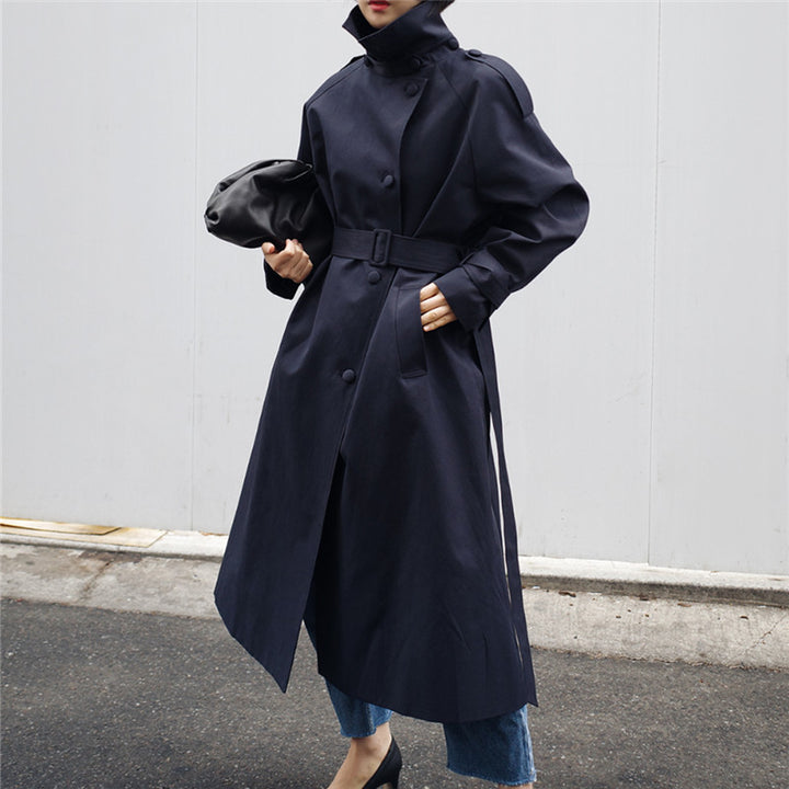 Damen Langgeschnittener Trenchcoat mit Taillengürtel und Stehkragen Drune