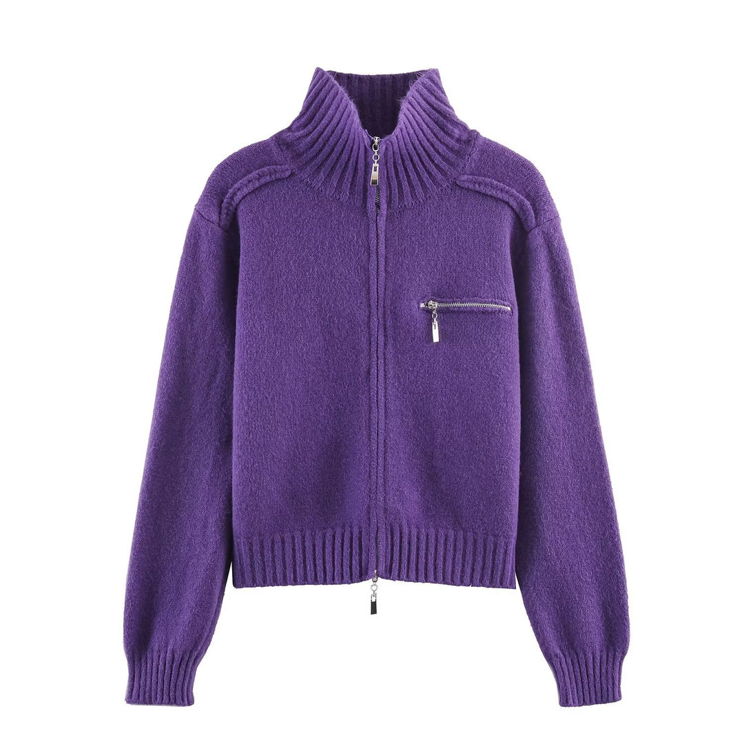 Damen Grobgestrickte Reißverschluss‑Strickjacke mit hohem Rippkragen und Brusttasche Drune
