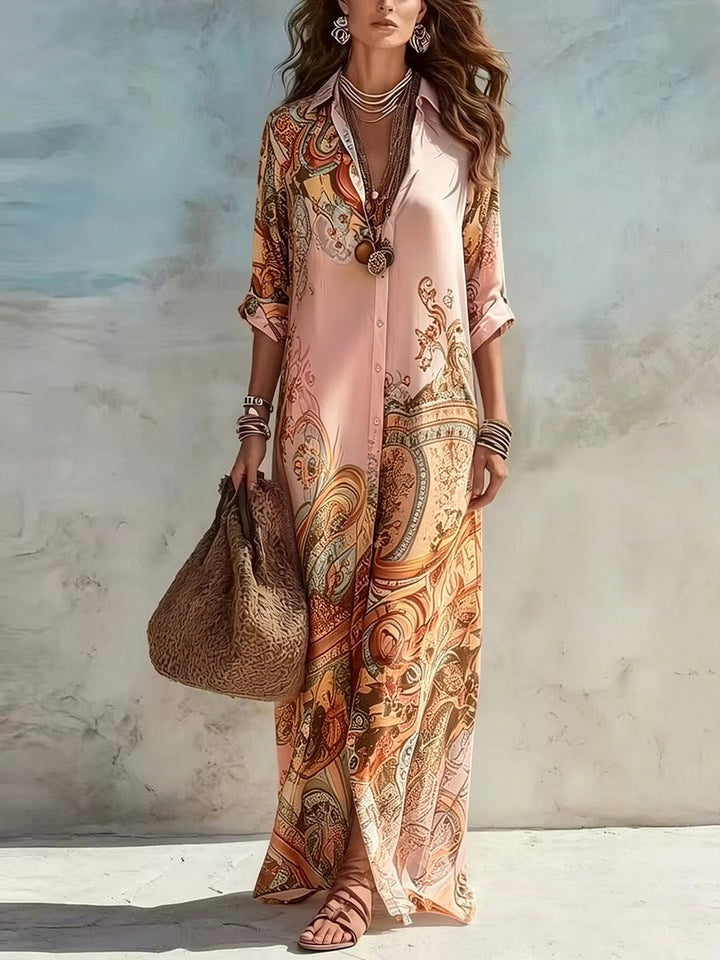 Damen Langarmshirt Kleid im Boho Barock Druck aus luftiger Chiffonqualität Drune