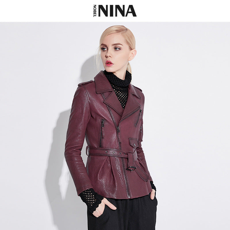 Damen Stylische Lederbikerjacke mit tailliertem Schnitt Drune