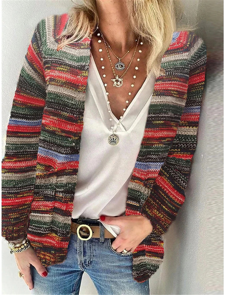 Damen Offen gestrickte Cardigan mit bunten Streifen und lässigem Schnitt Drune