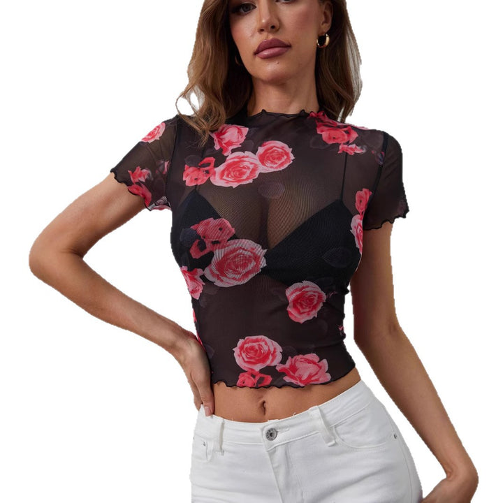 Damen nan tailliertes Netz-Crop-Top mit Rosenprint, Stehkragen und welligem Saum Drune