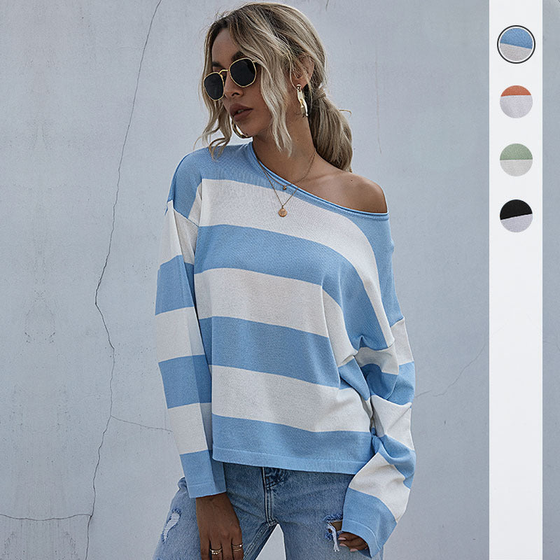 Damen Lockerer gestreifter Pullover mit Carmen-Ausschnitt und Oversize-Schnitt Drune
