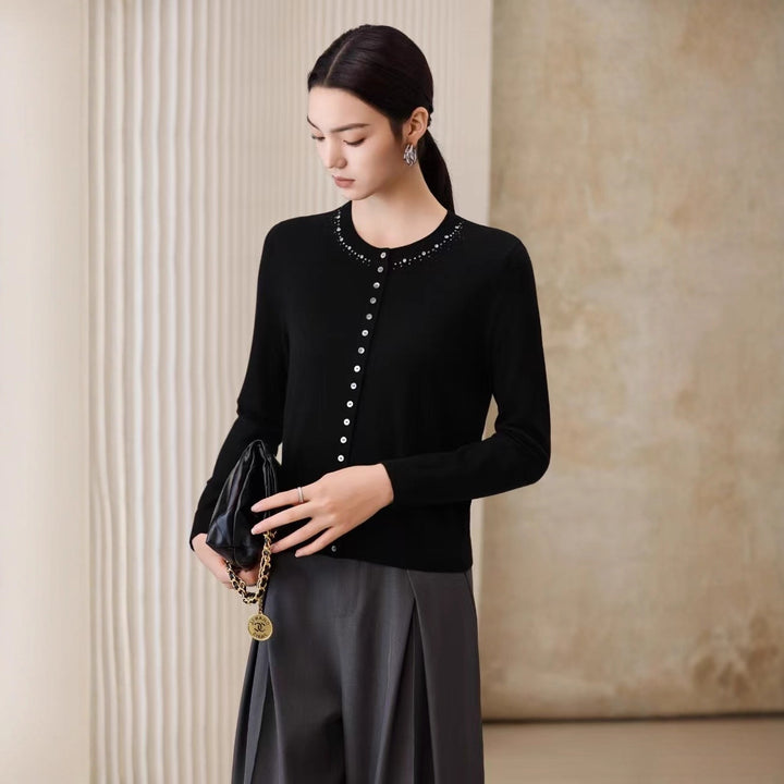 Damen Feiner Feinstrick-Cardigan mit Perlendekor am Rundhalsausschnitt Drune