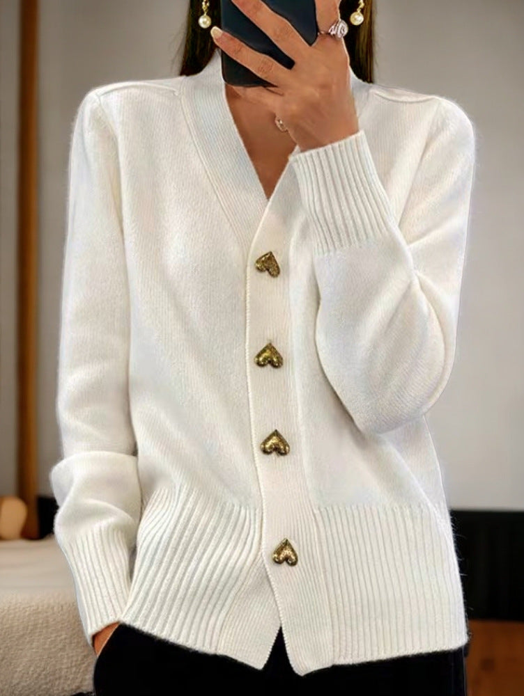 Damen kuschelige Strickjacke mit Herzknöpfen und V-Ausschnitt Drune