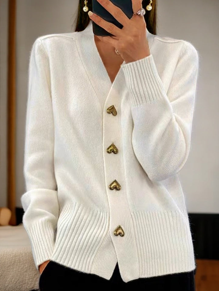 Damen kuschelige Strickjacke mit Herzknöpfen und V-Ausschnitt Drune