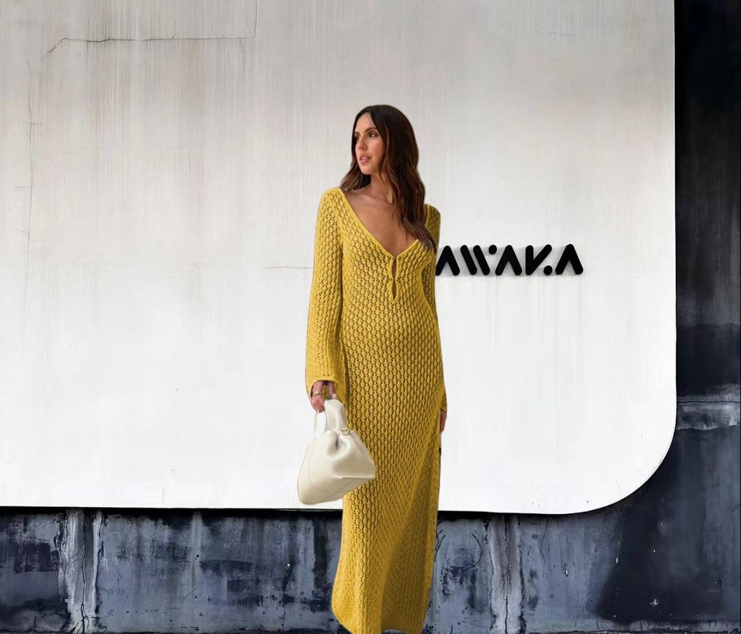 Damen Strick-Maxikleid mit tiefem V-Ausschnitt und modischen Rüschendetails Drune
