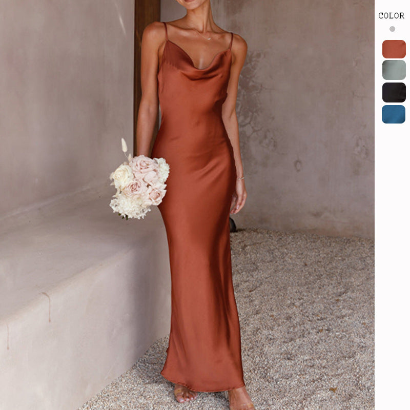 Damen Elegantes, fließendes Maxikleid aus hochwertigem Satin mit Spaghettiträgern Drune
