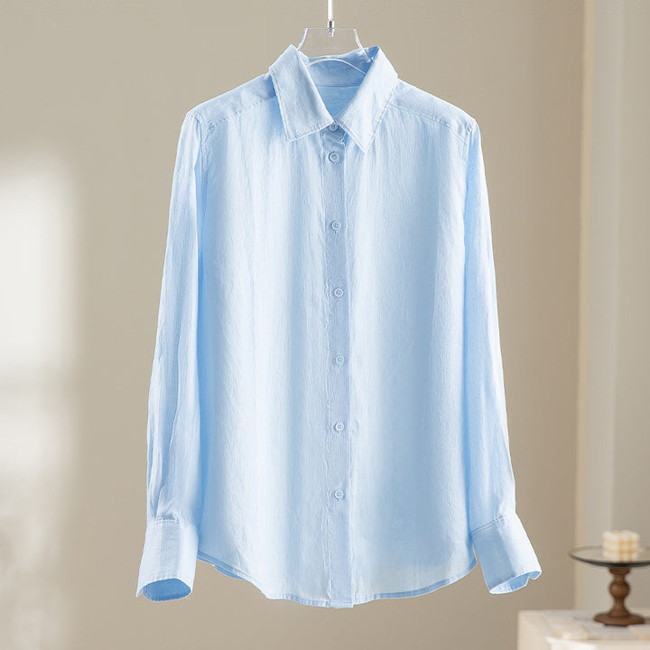 Damen Locker fallende Leinenmix-Bluse mit Hemdkragen und Manschetten Drune