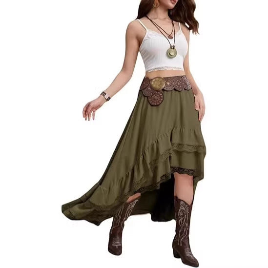 Damen Boho Maxi-Rock mit asymmetrischem Saum und Spitzenverzierungen Drune