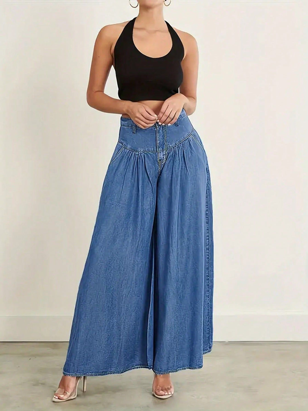 Damen Hochtaillierte Denim-Palazzohose mit geraffter Kellerfalte und extra weitem Bein Drune