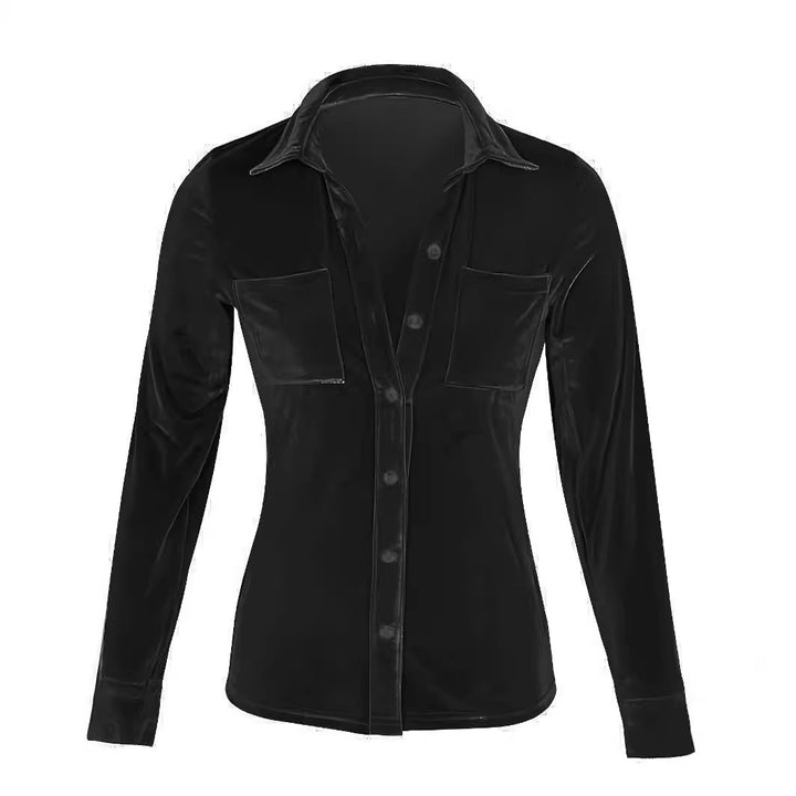 Damen Samtbluse mit Knopfleiste, Hemdkragen und Brusttaschen Drune
