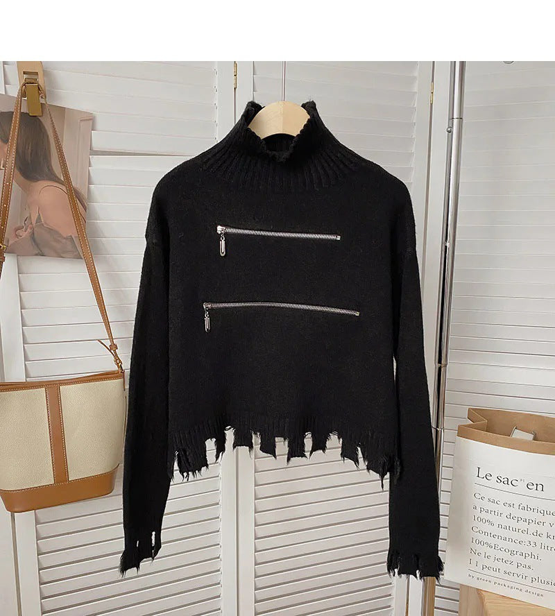Damen stylischer Stehkragenpullover mit zwei asymmetrischen Reißverschlusstaschen und fransigem Saum Drune