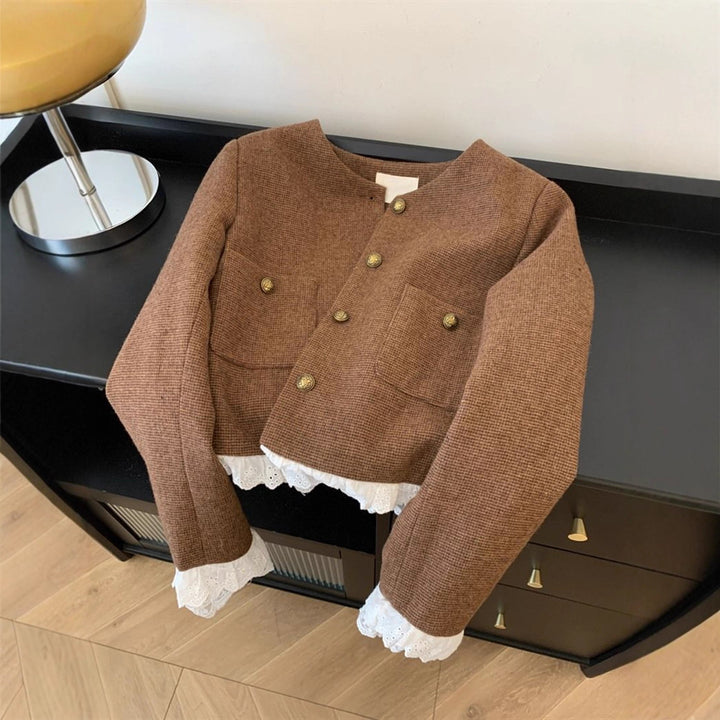 Damen modische Kurzjacke mit eleganten Spitzenakzenten Drune