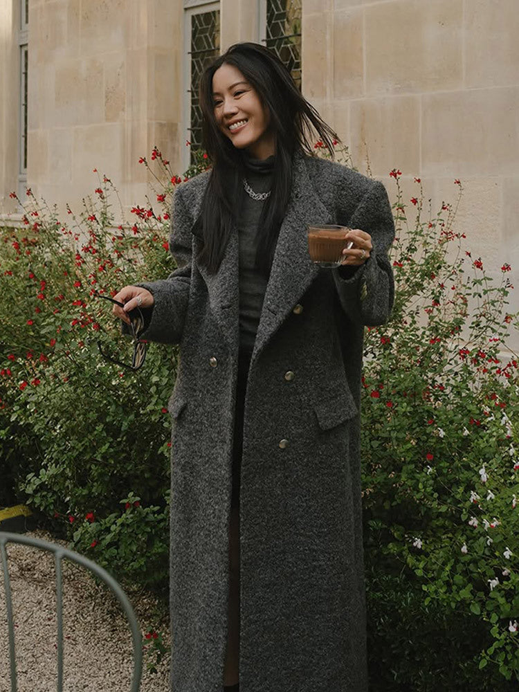 Damen Maxilanger Oversize-Wollmix-Mantel doppelreihig mit kastiger Silhouette und aufgesetzten Pattentaschen Drune