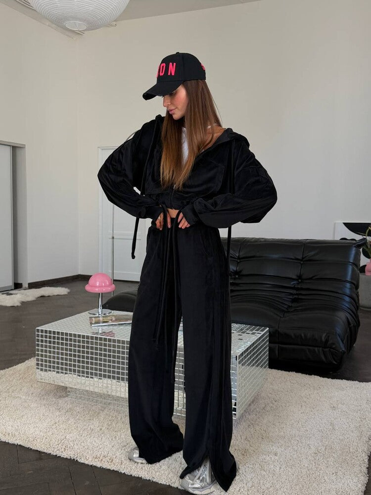 Damen Cropped Kapuzenjacke mit Kordelzug und weitem Split-Hose Lounge-Set Drune