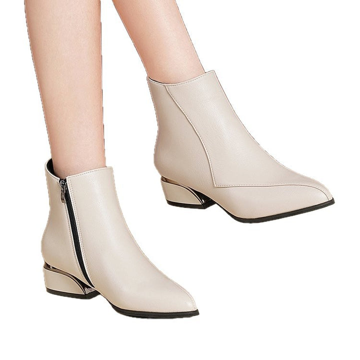 Damen Kurzstiefelette mit spitzer Zehenpartie und skulptiertem Blockabsatz Drune