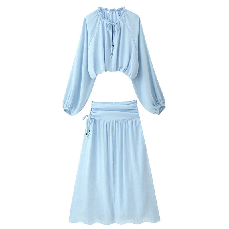 Damen Zweiteiliges Boho-Set mit verkürzter Rüschenbluse, Ballonärmeln und hochtailliertem Maxirock Drune