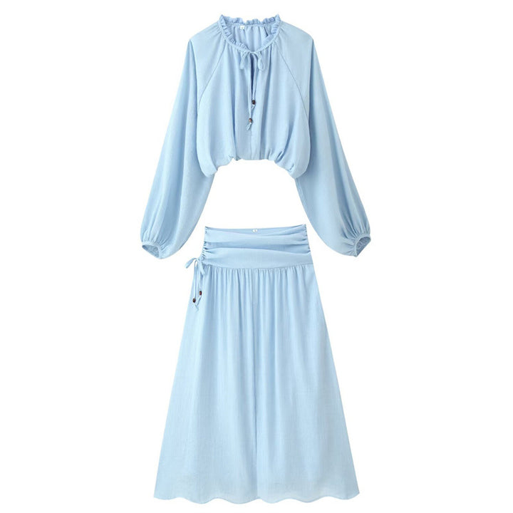 Damen Zweiteiliges Boho-Set mit verkürzter Rüschenbluse, Ballonärmeln und hochtailliertem Maxirock Drune