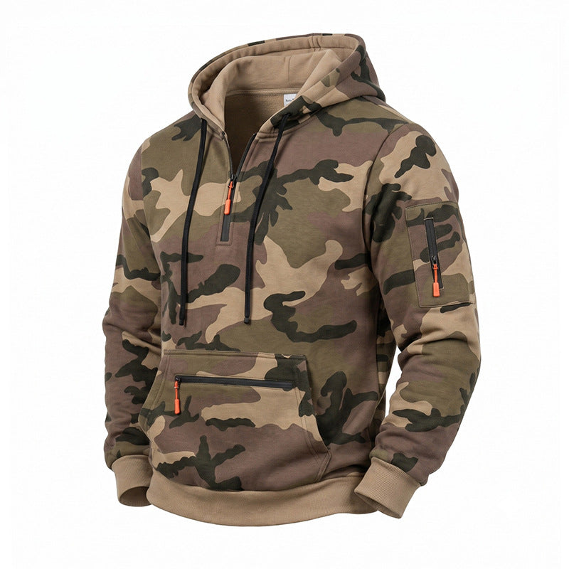 Herren Kapuzenpullover Camouflage mit Fleecefutter, Halbzip und Reißverschlusstaschen Drune