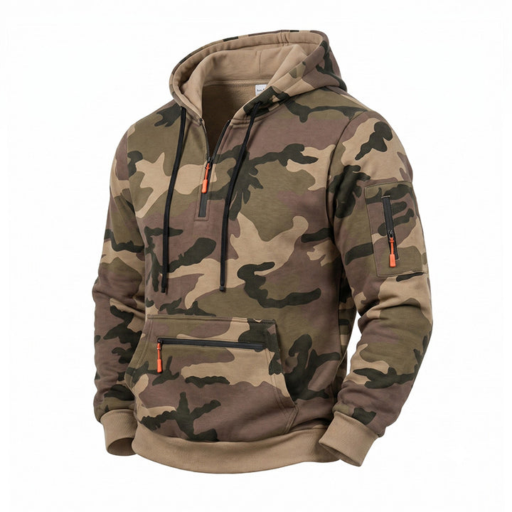 Herren Kapuzenpullover Camouflage mit Fleecefutter, Halbzip und Reißverschlusstaschen Drune