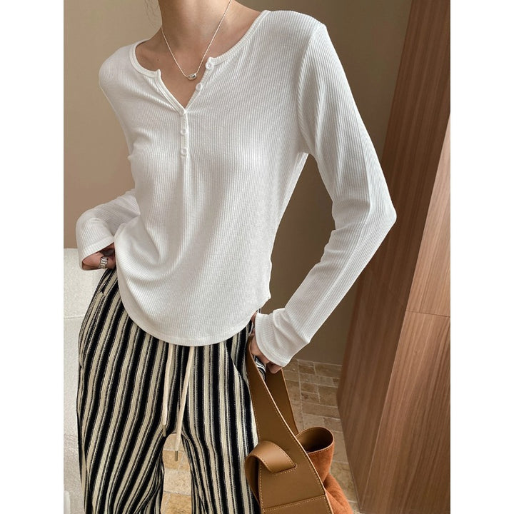 Damen Langarm-Henley-Shirt aus weichem Rippmaterial Drune
