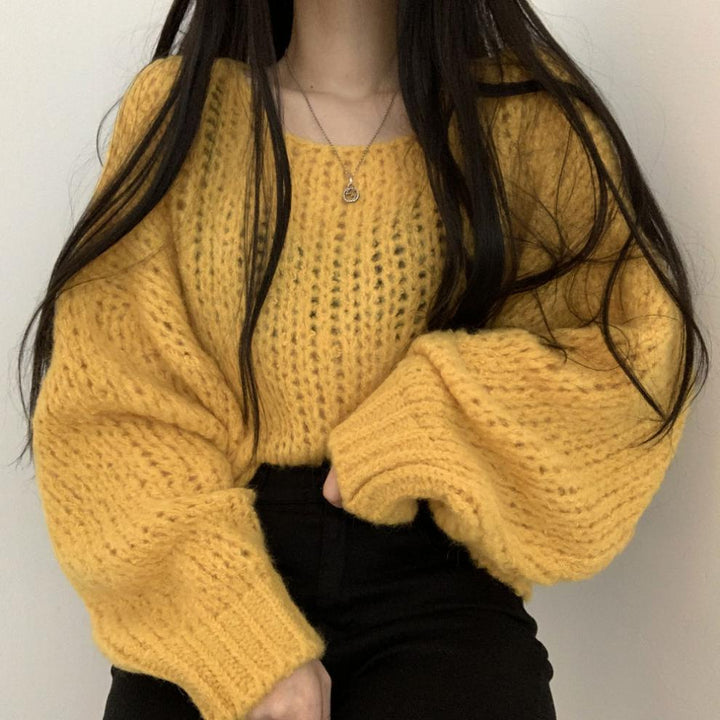 Damen lässiger Strickpullover mit voluminösen Puffärmeln und offener Strickstruktur Drune