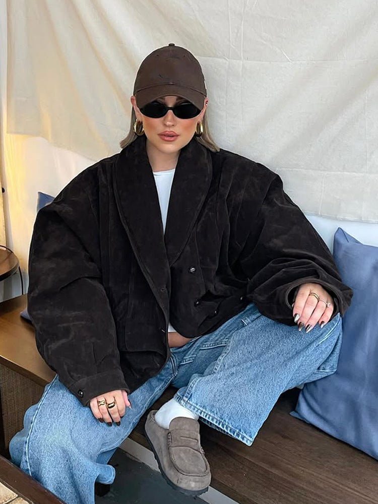 Damen Kurze Veloursleder‑Boxyjacke mit kimonoähnlichem Revers Drune