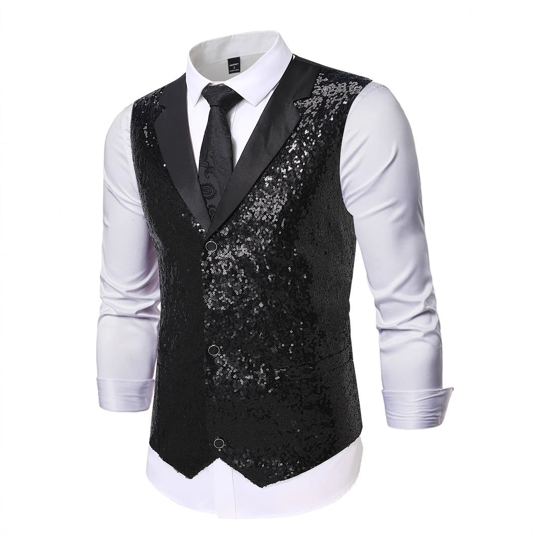 Herren Glänzende Pailletten‑Weste mit Satin‑Revers und taillierter Silhouette Drune