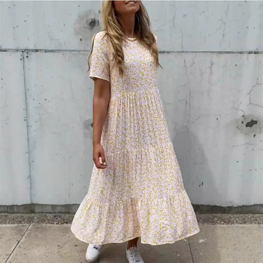 Damen nan luftiges Stufenmaxikleid im Boho-Babydoll-Stil mit geraffter Unterbrust und kurzen Ärmeln Drune