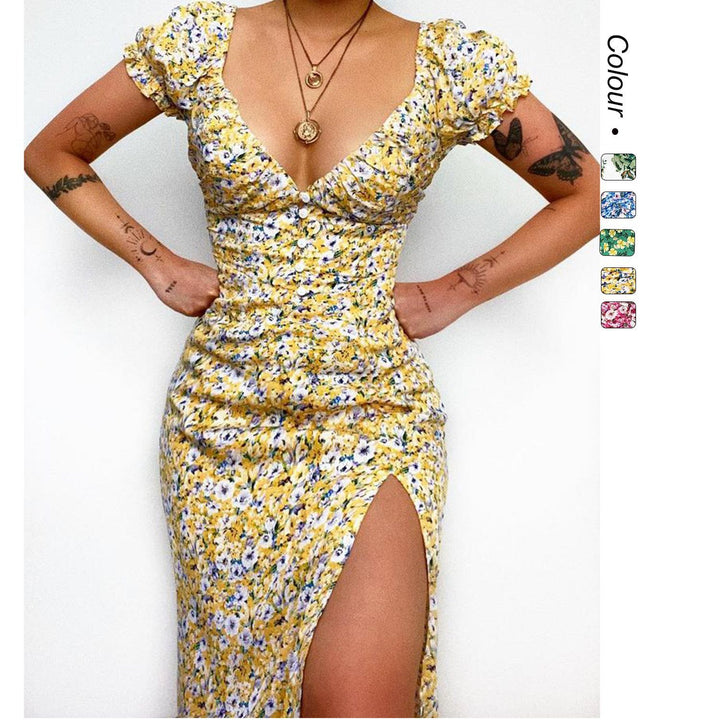 Damen Blütenmuster Maxikleid mit tiefem Ausschnitt und tailliertem Schnitt Drune