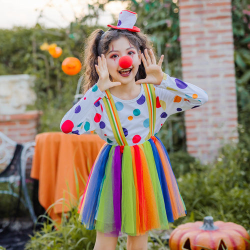 Mädchen Clownkostüm mit bunten Punkten und Tüllrock Drune