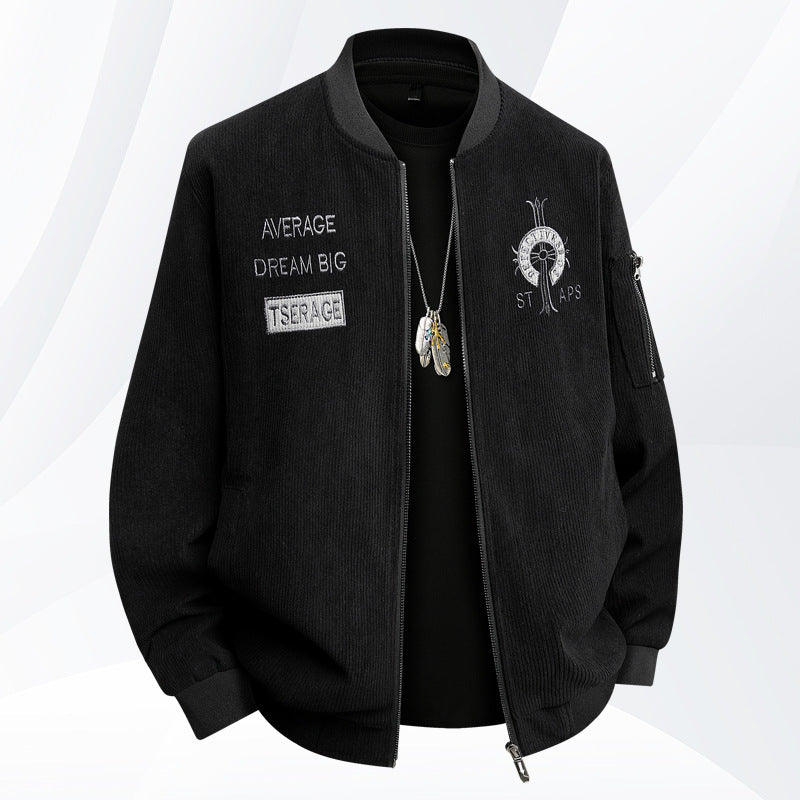 Men's  textured ribbed bomber jacket with embroidered chest crest and zip sleeve pocket Drune