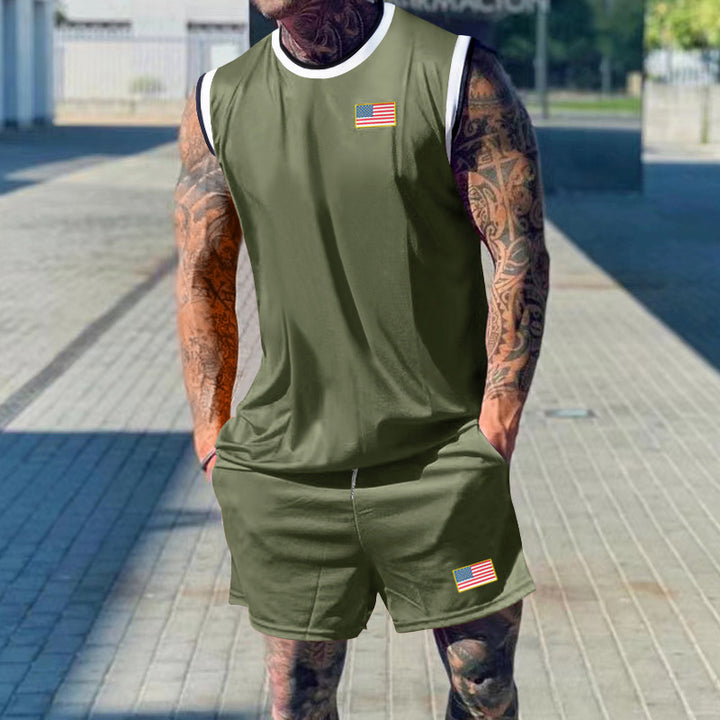 Herren sportliches Tanktop und Shorts-Set mit dekorativem Flaggenmotiv Drune