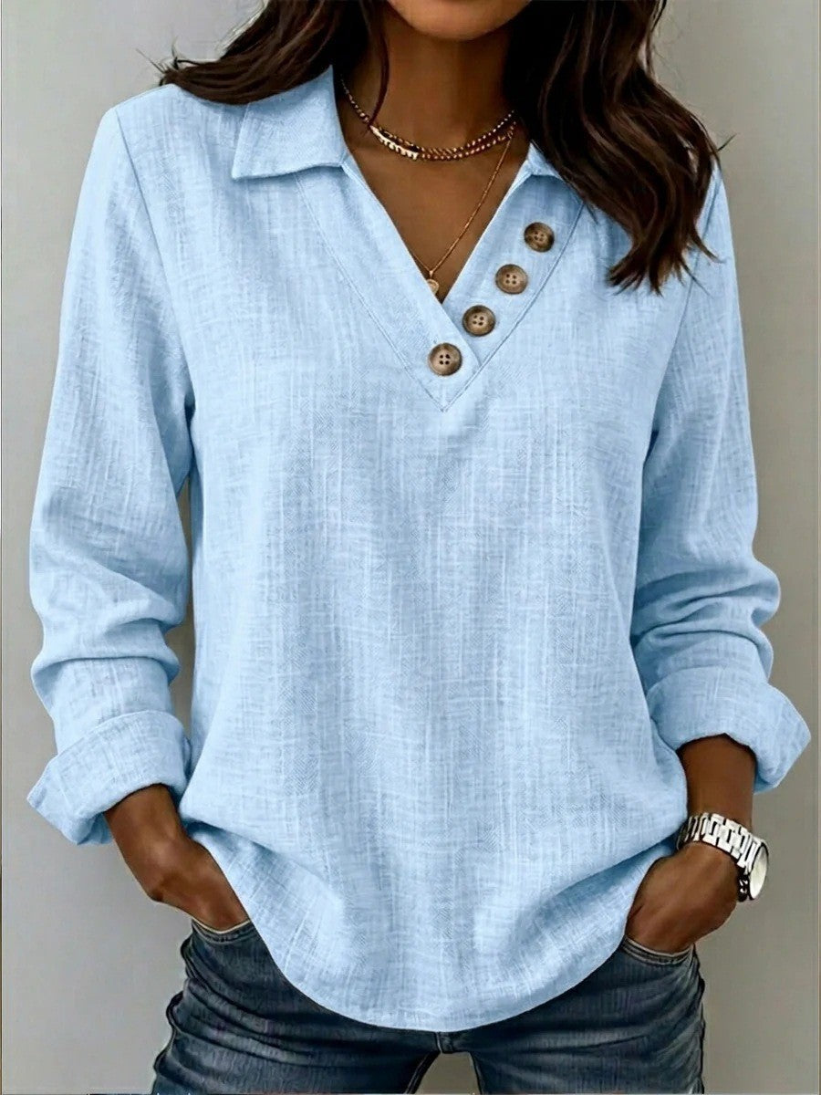 Damen Lässiges V-Ausschnitt-Blusenshirt mit Hemdkragen und asymmetrischer Zierknopfleiste Drune